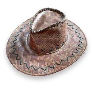 Cowboy Hat Brown Faux Leather Vegan‎ Stitched Cowgirl Western Rodeo Wear
